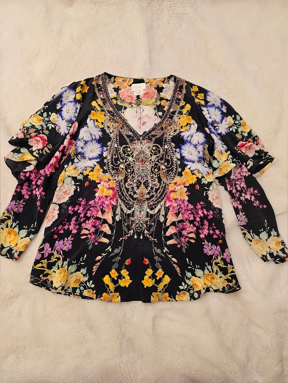 Camilla Embellished V Neck Flutter Sleeve Silk Top Size Medium